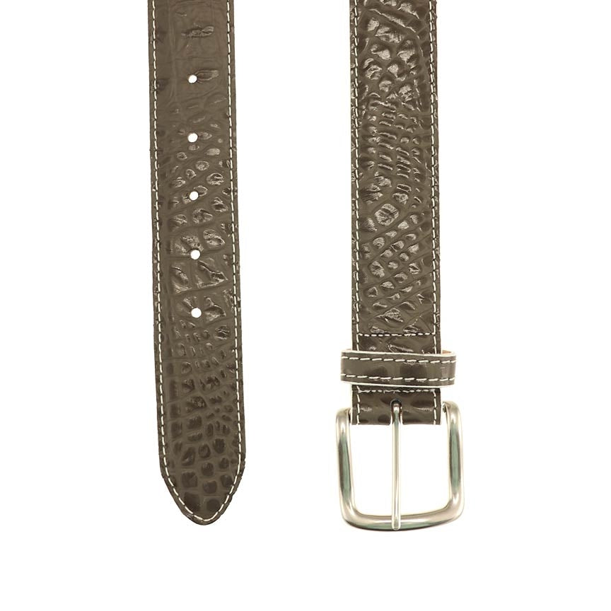 Travis Croco Grain Leather Belt in Greyhound with White Edge and Contrast Stitch by T.B. Phelps