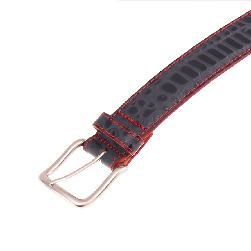 Travis Croco Grain Leather Belt in Navy with Red Contrast Stitching by T.B. Phelps