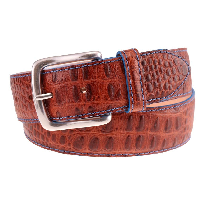 Travis Croco Grain Leather Belt in Sport Rust with Navy Contrast Stitching by T.B. Phelps