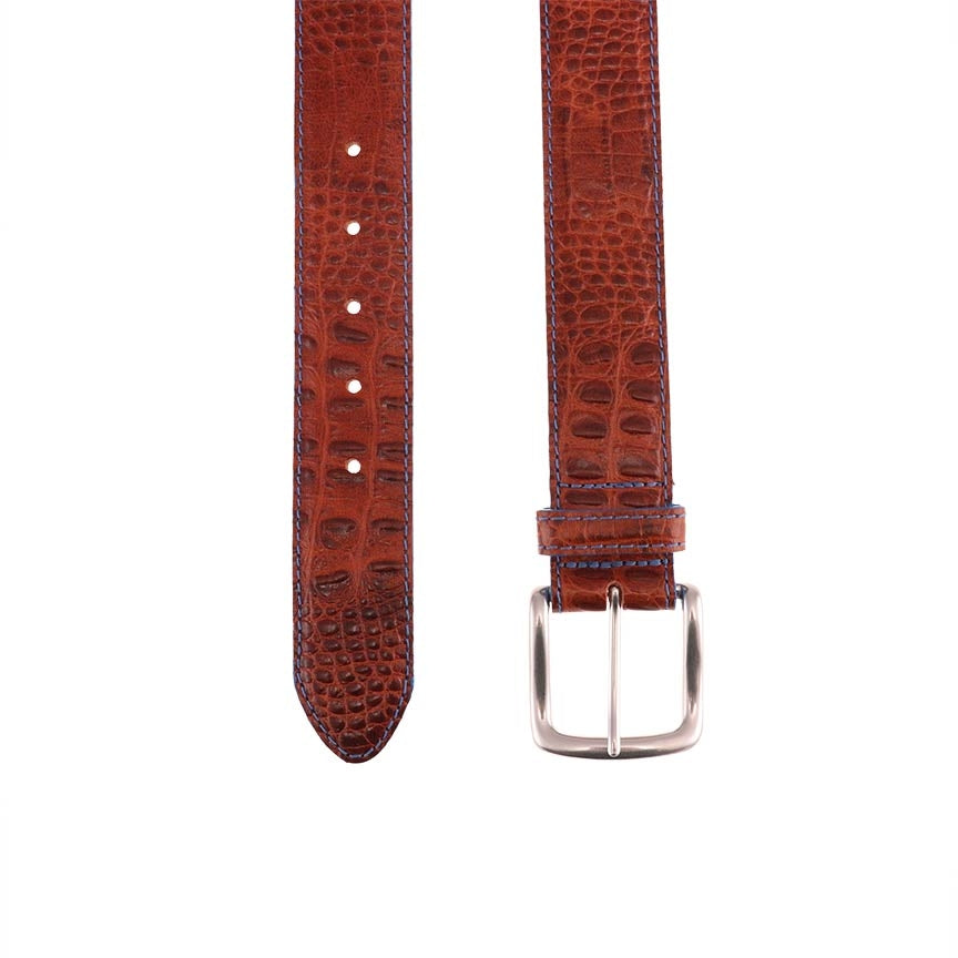 Travis Croco Grain Leather Belt in Sport Rust with Navy Contrast Stitching by T.B. Phelps